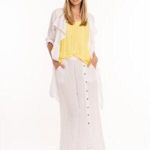 M Made in Italy white open front Waterfall roll tab sleeve long linen jacket S